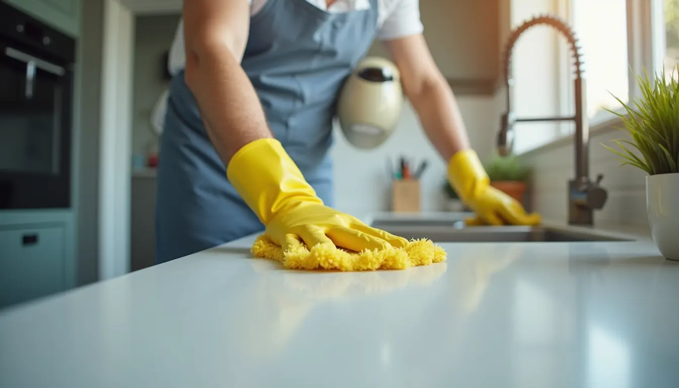 Close-up view of a professional cleaner scrubbing a kitchen countertop