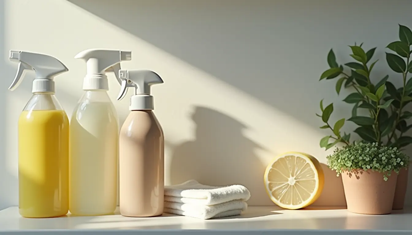 Close-up view of eco-friendly cleaning supplies arranged neatly on a shelf
