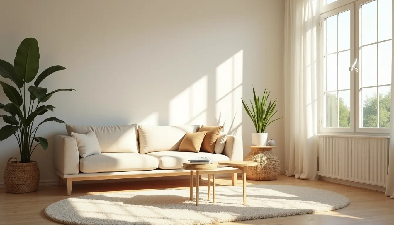 Eye-level view of a freshly cleaned living room with bright sunlight streaming through the windows