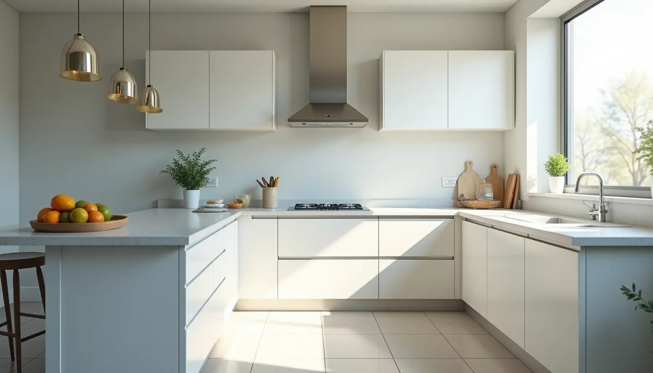 Wide angle view of a pristine kitchen after deep cleaning