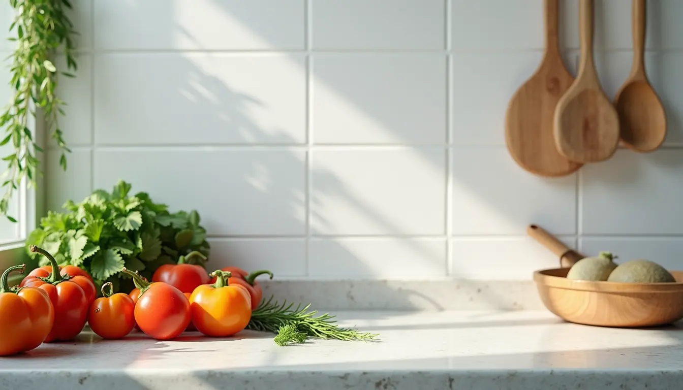 Close-up view of a clean kitchen countertop with a bowl of fresh vegetables