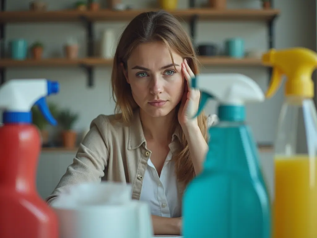 A concerned homeowner surveys an array of cleaning supplies, contemplating the task ahead.