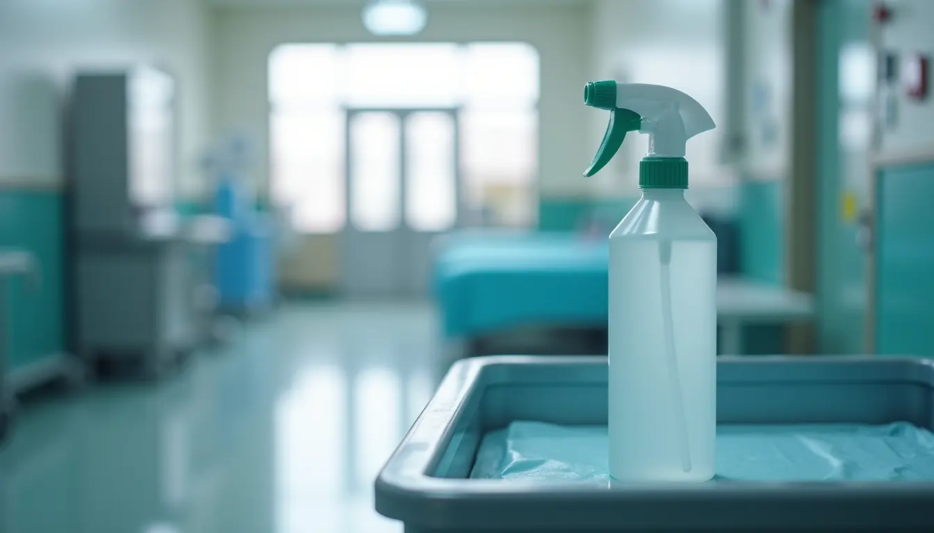 Close-up view of a disinfectant spray bottle on a hospital cleaning cart
