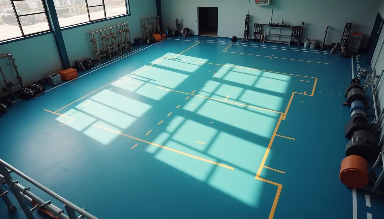 High angle view of a spotless gym floor with neatly arranged equipment and clean mats