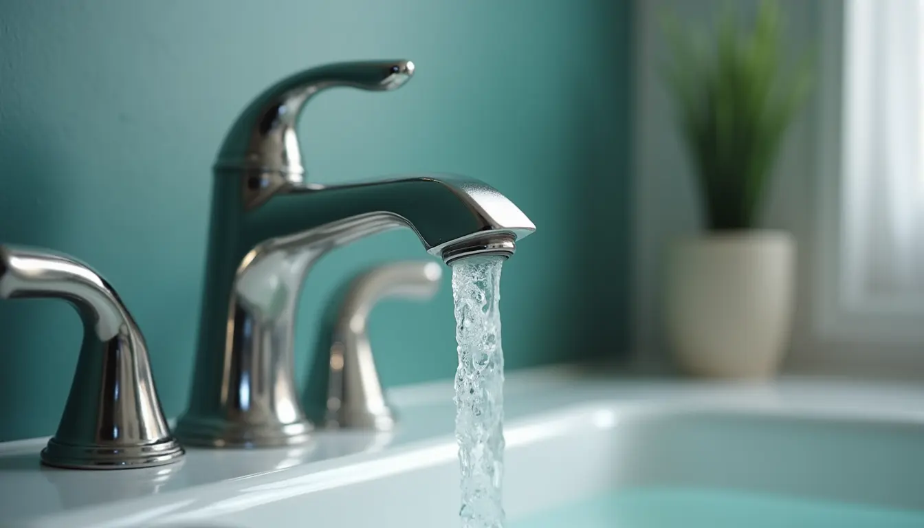 Close-up view of a bathroom faucet with limescale buildup