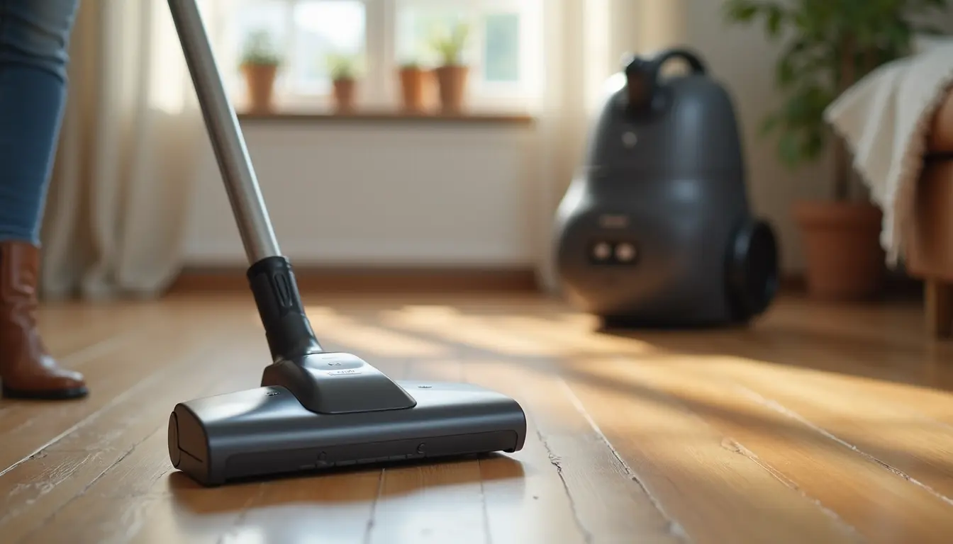 Close-up view of a vacuum cleaner on a hardwood floor