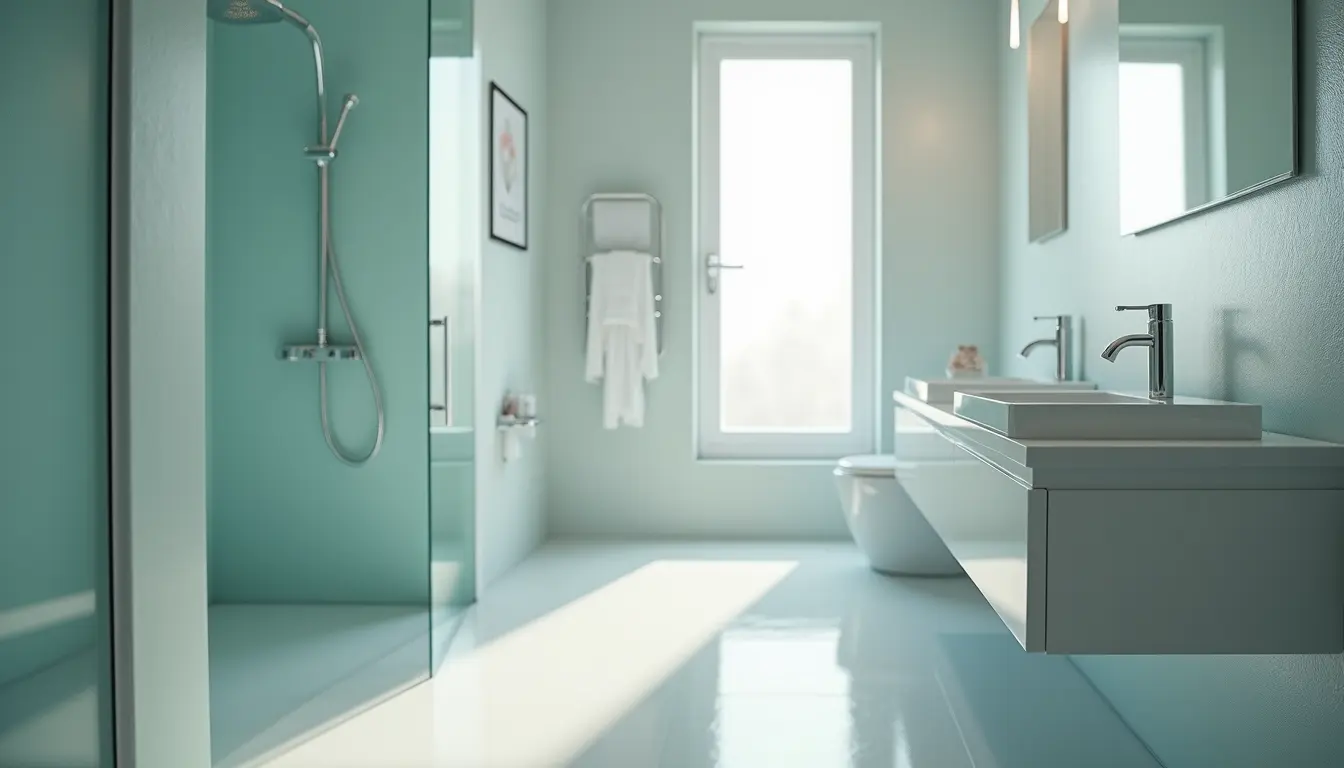 Eye-level view of a pristine bathroom showing efficient cleaning