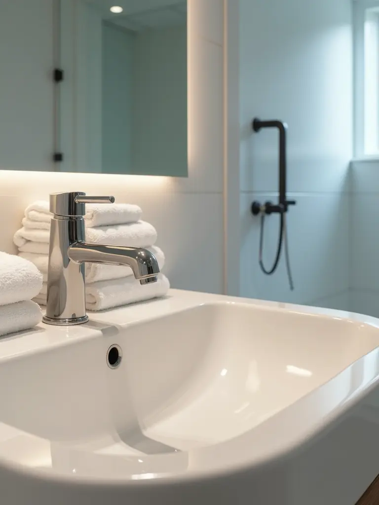 Modern bathroom sink with chrome faucet and stacked white towels; shower in background, bright and minimalist.