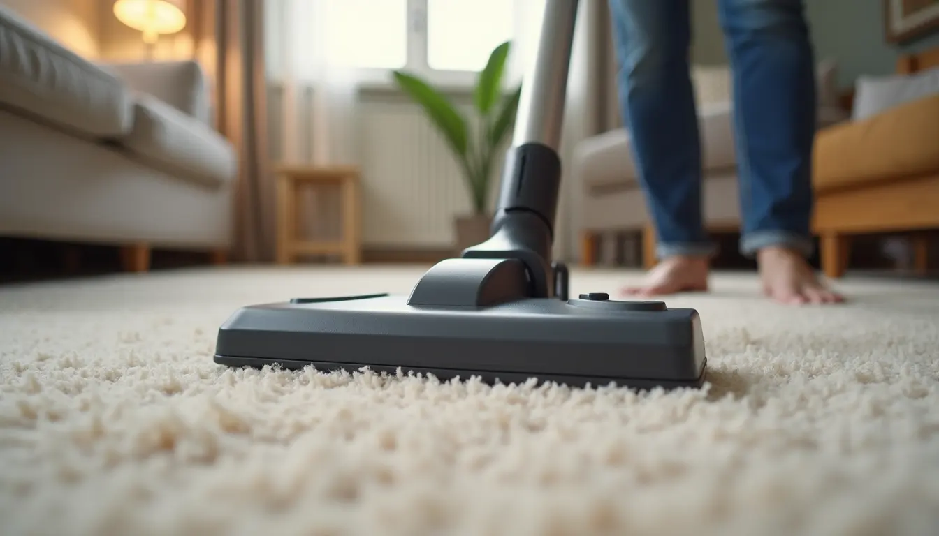 Close-up of a vacuum cleaner head cleaning a carpet