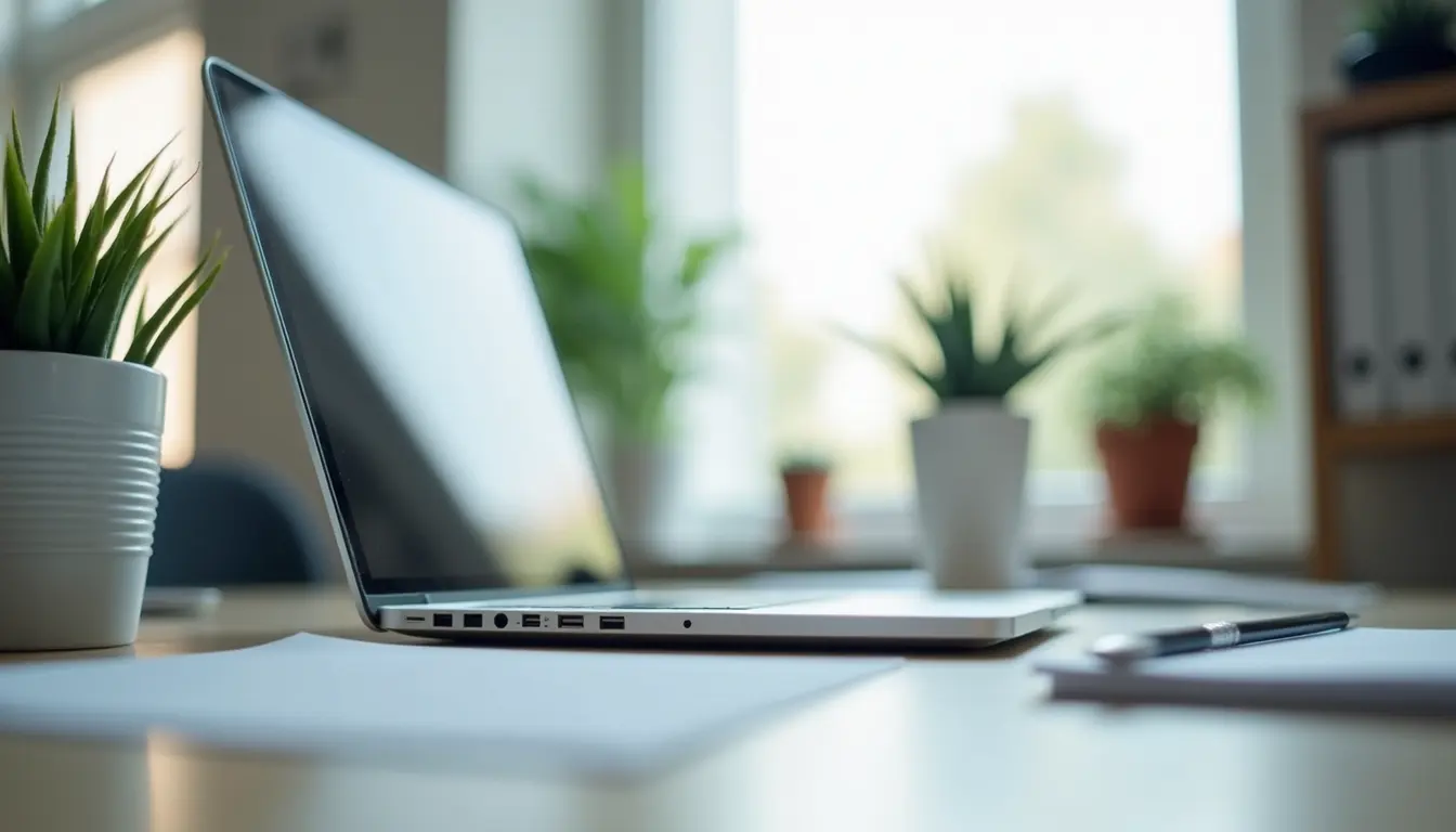 Eye-level view of a clean and organised office desk with a laptop and plant