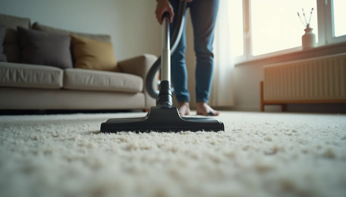 Eye-level view of a professional cleaner vacuuming a living room carpet