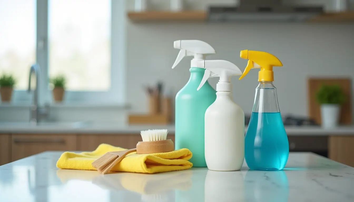 Close-up view of cleaning supplies arranged neatly on a countertop