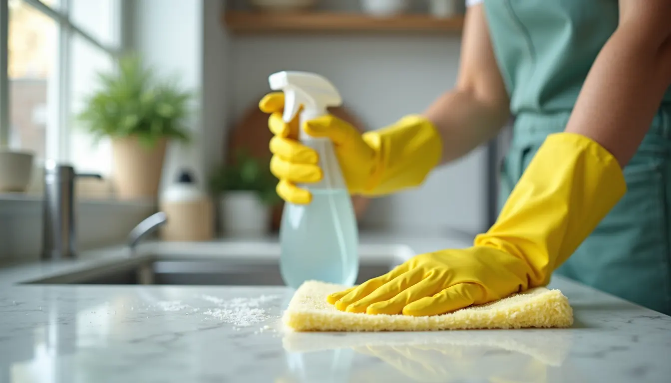Close-up of a professional cleaner using eco-friendly products on a kitchen countertop