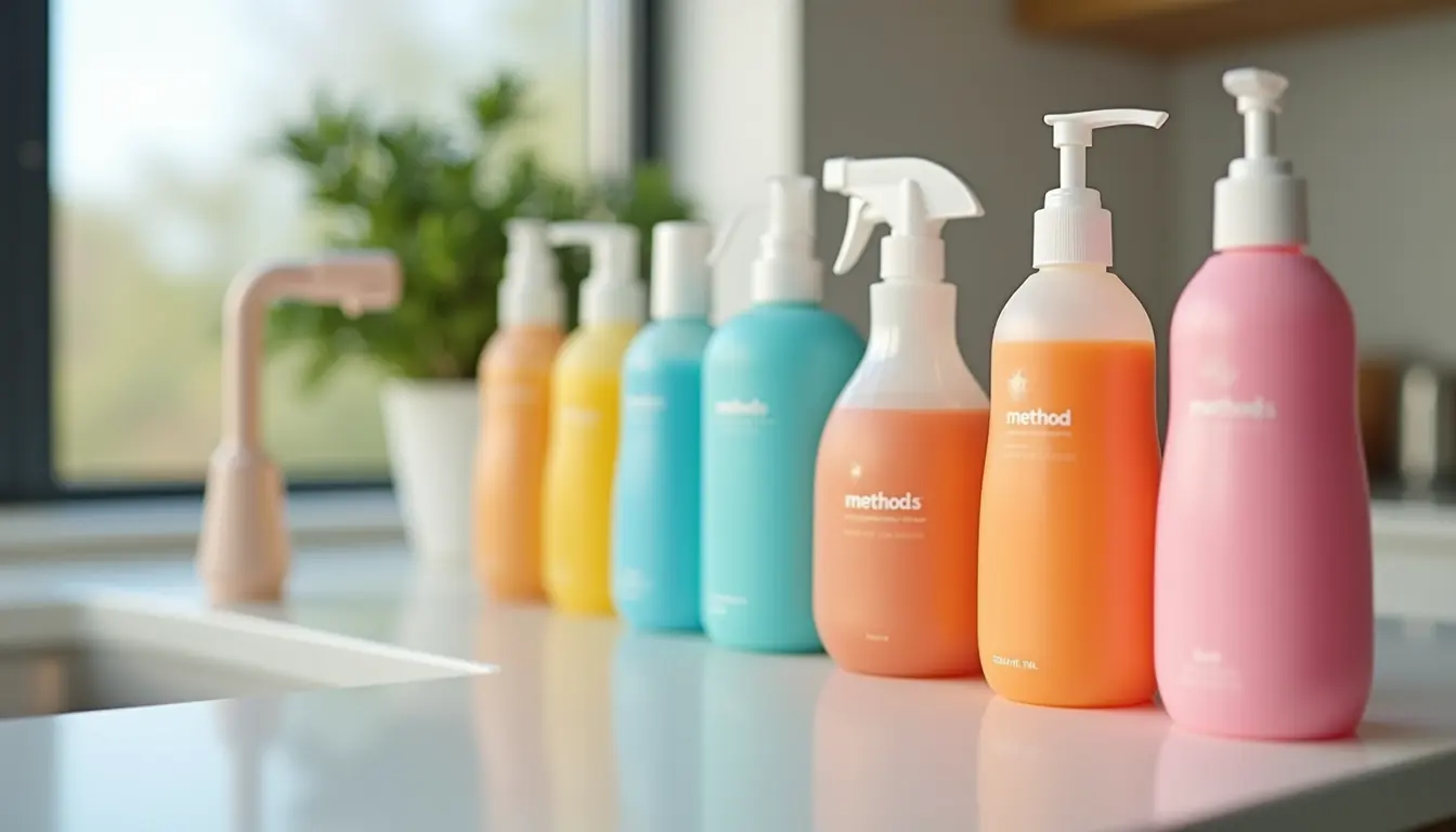 High angle view of Method cleaning products arranged on a countertop