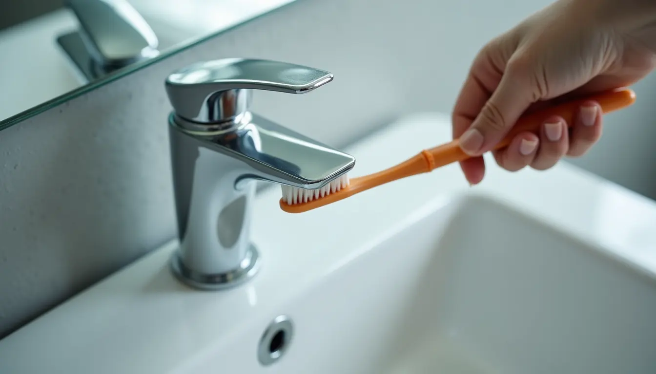 High angle view of a toothbrush scrubbing a faucet to remove limescale