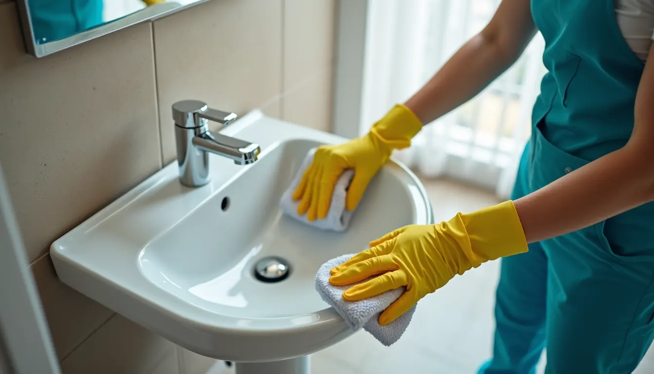 High angle view of a professional cleaner polishing a bathroom sink