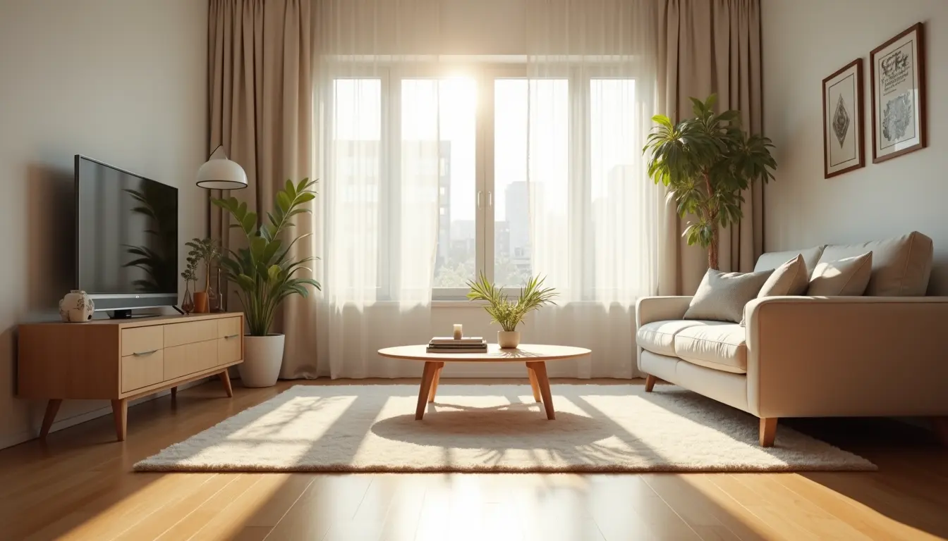 Eye-level view of a freshly cleaned living room with bright sunlight and neat furniture