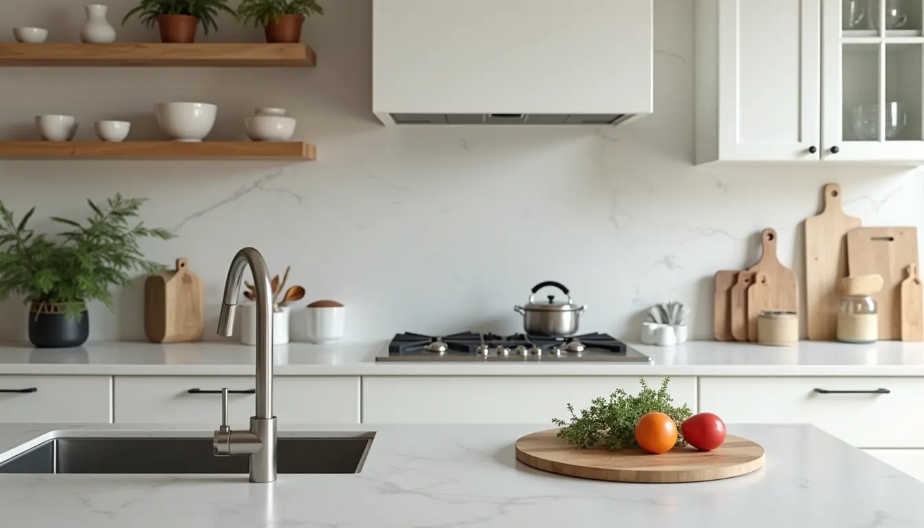 Wide angle view of a beautifully renovated kitchen