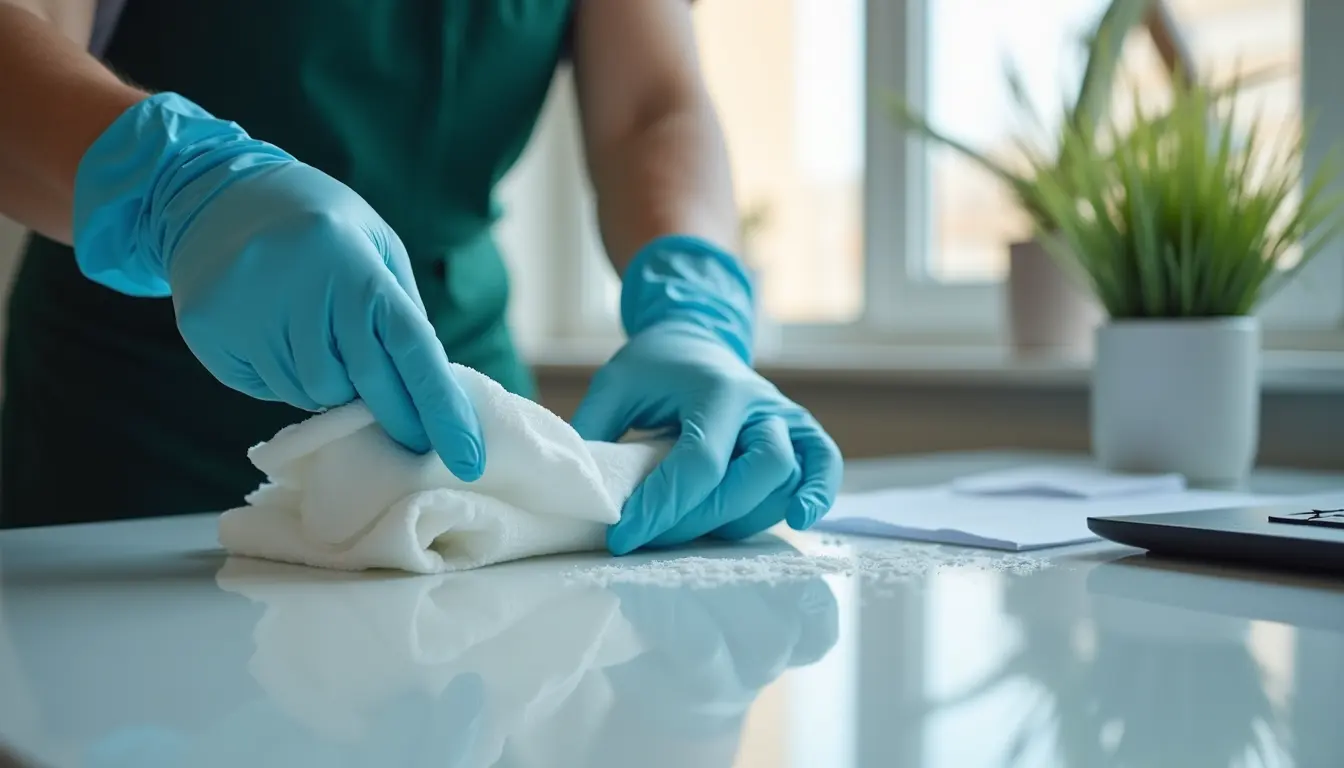 Eye-level view of a cleaning staff member using disinfectant wipes on a desk