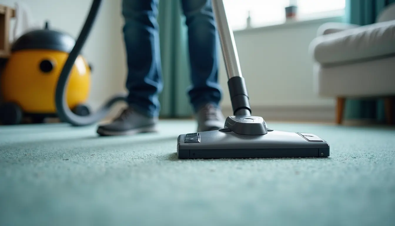 Close-up view of a professional cleaner using a vacuum on carpet