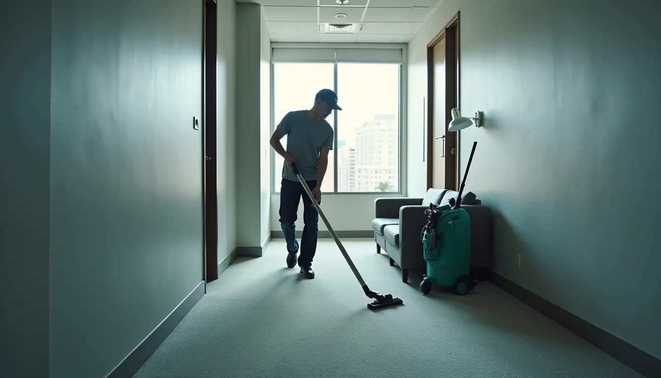 High angle view of a professional cleaner vacuuming an office carpet
