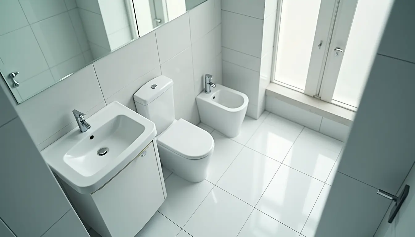 High angle view of a clean and organized bathroom with sparkling tiles and fixtures