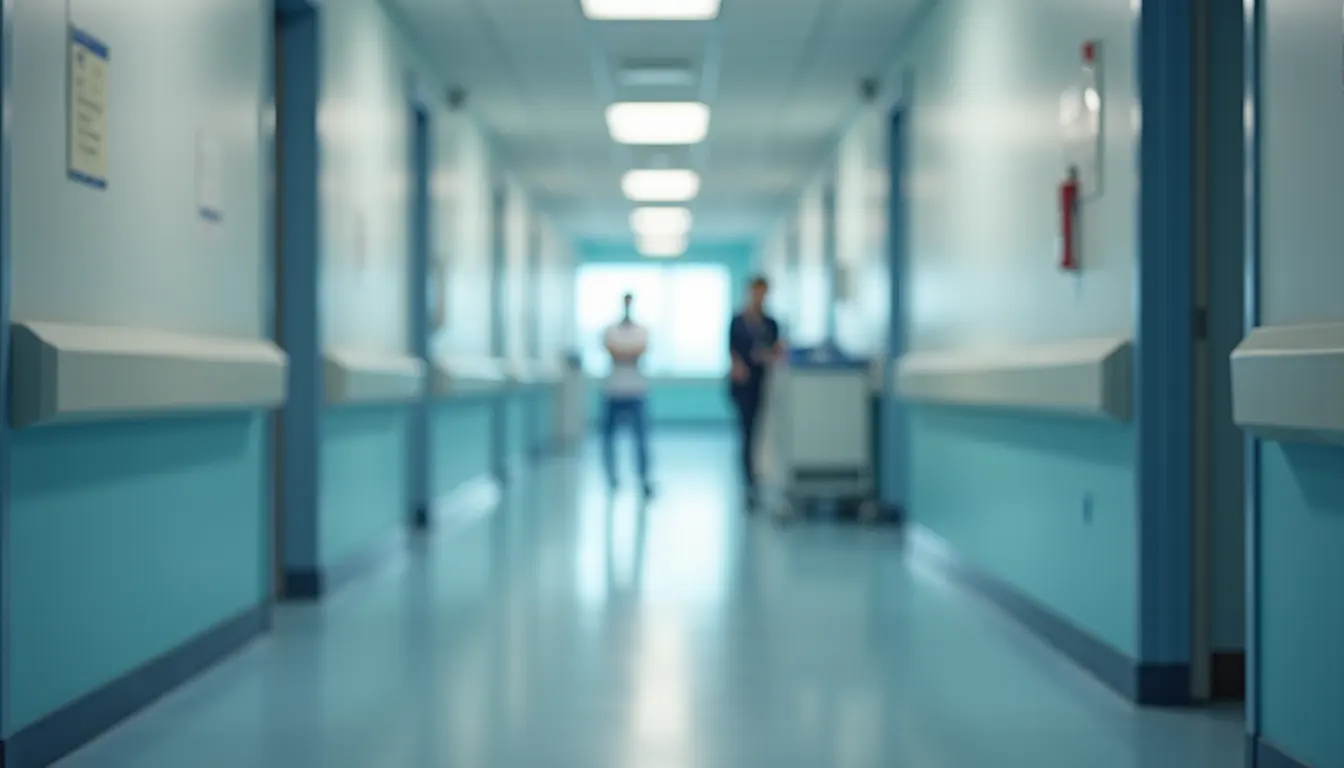 Eye-level view of a hospital corridor with clear signage promoting cleanliness