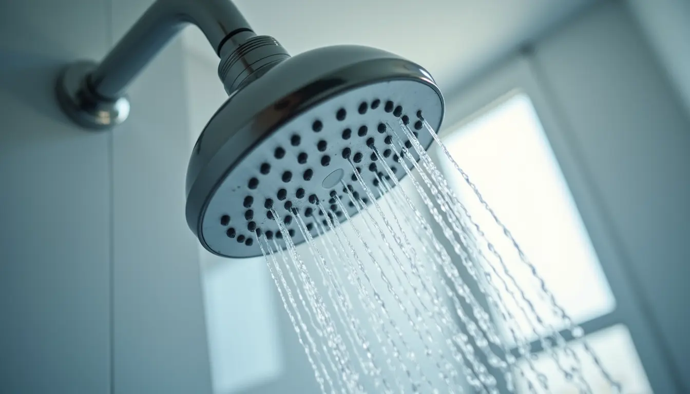 Eye-level view of a modern showerhead designed to resist limescale