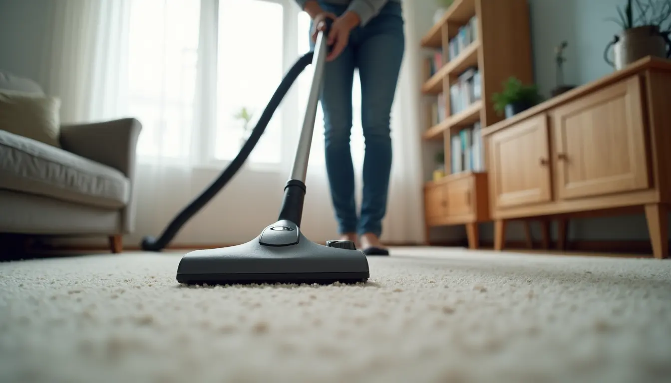 Eye-level view of a professional cleaner vacuuming a modern living room