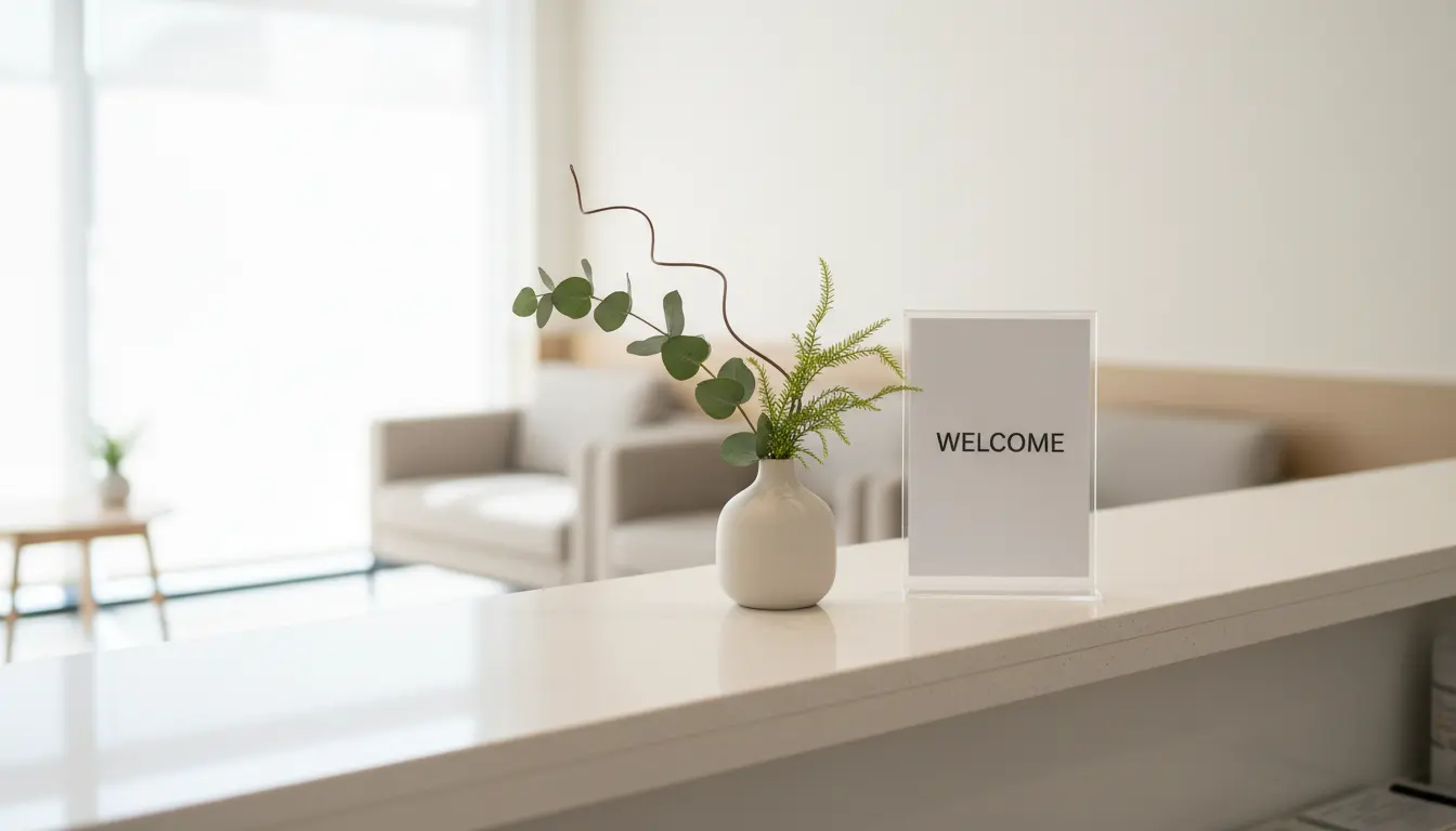 Close-up view of a freshly wiped reception counter with a small vase and clear sign holder.