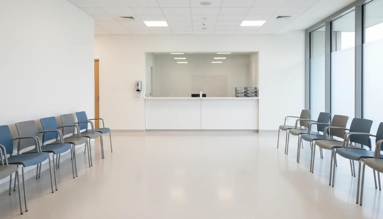 Eye-level view of an empty healthcare waiting area with wipeable chairs and a sanitiser station.