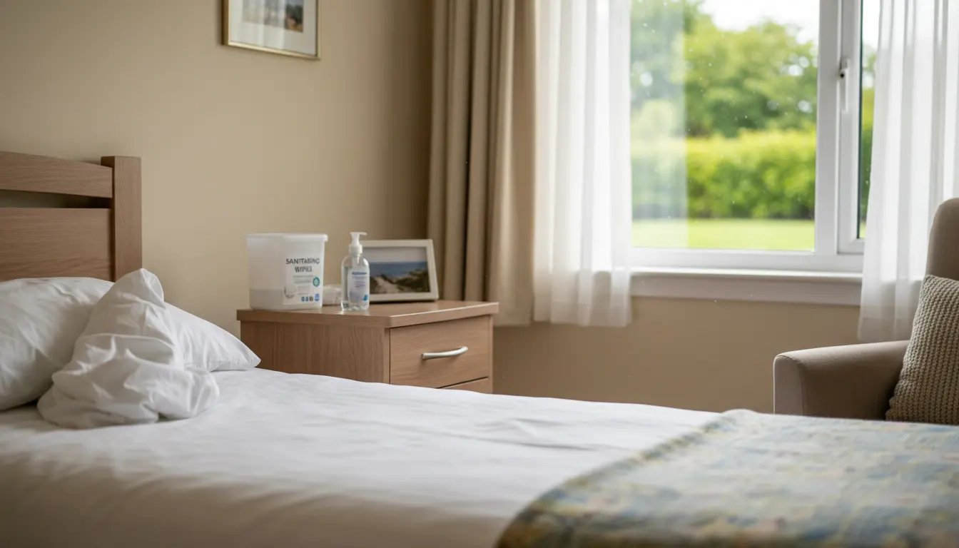 Eye-level view of a clean resident room with fresh bedding and sanitising supplies.