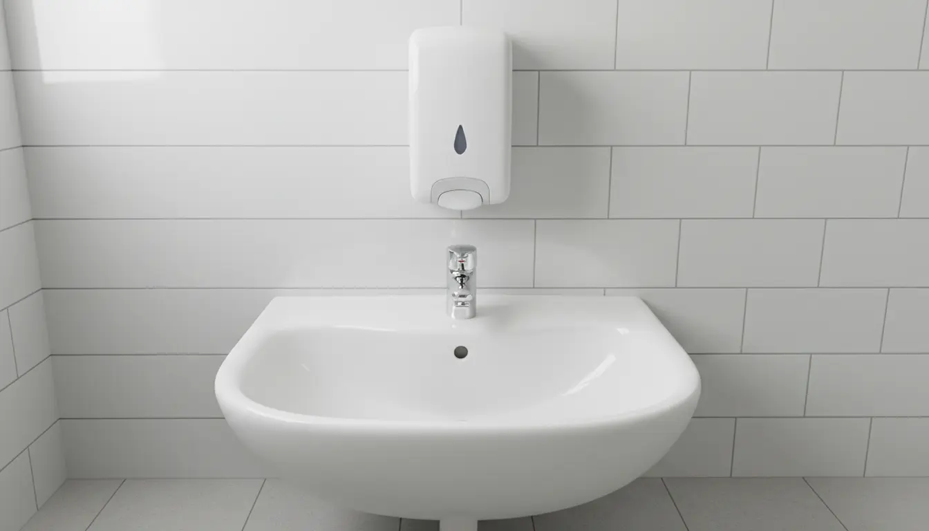 Eye-level view of a clean soap dispenser above a tiled washroom sink.