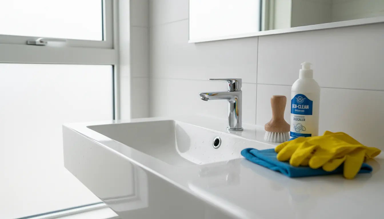 Eye-level view of a clean bathroom sink with cleaning tools beside it