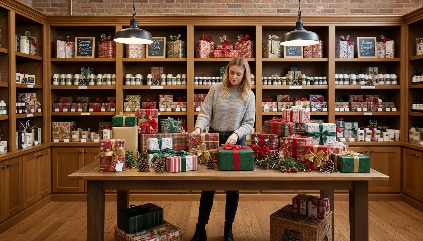 Eye-level view of a shop assistant arranging a seasonal gift display in a retail store