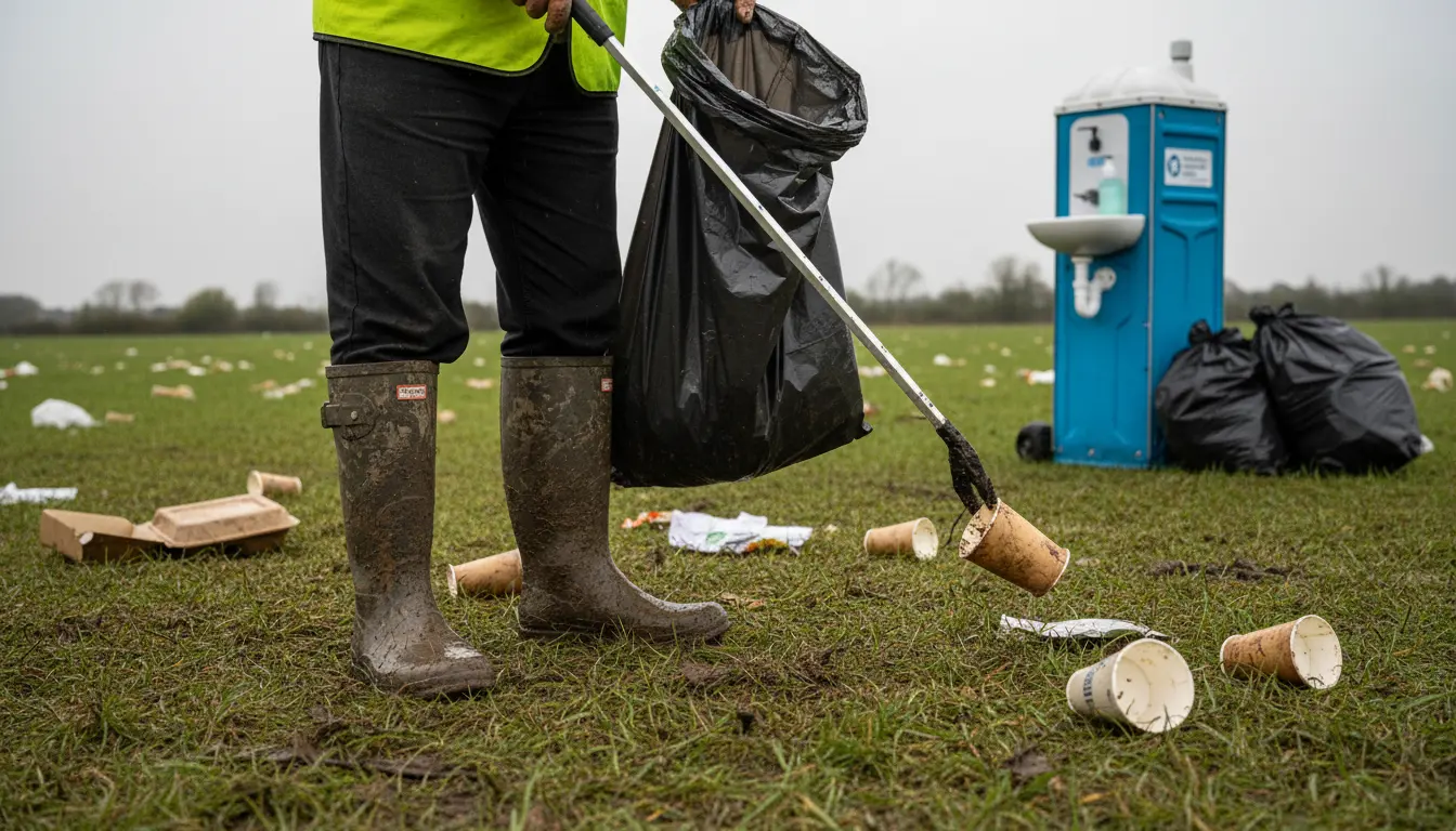 Close-up view of muddy festival boots beside a litter picker and black refuse bag.