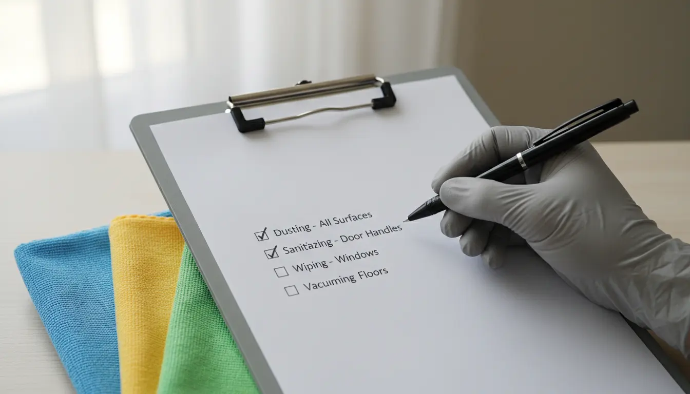 Close-up view of a gloved hand ticking a simple cleaning checklist on a clipboard.