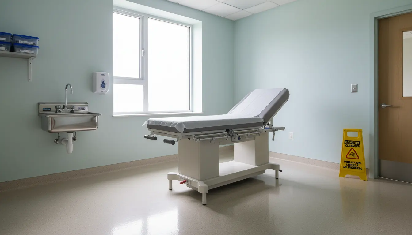 Wide-angle view of a freshly cleaned hospital treatment room.