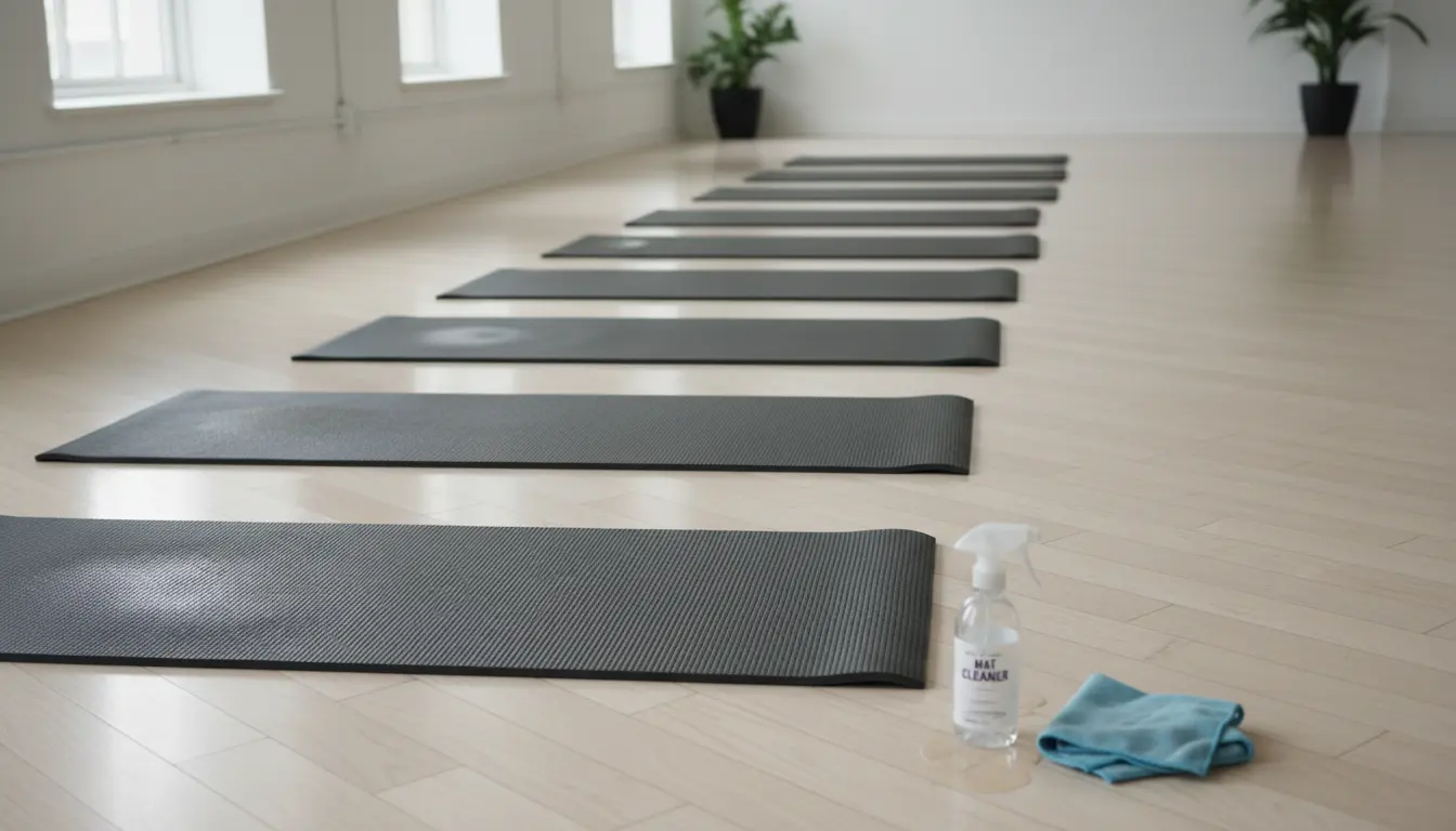 Eye-level view of exercise mats drying on a clean studio floor