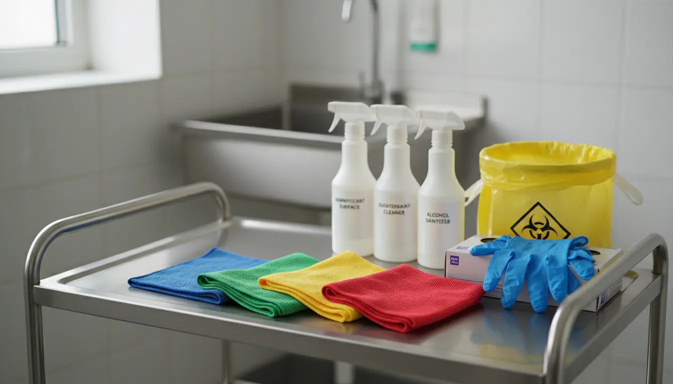 Close-up of colour-coded cleaning cloths beside disinfectant bottles in a clinical utility area.