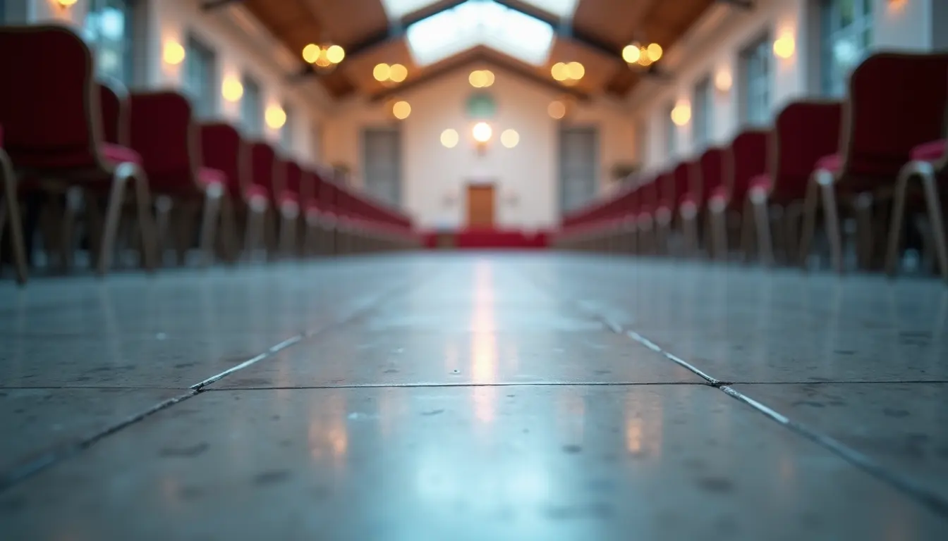 Close-up view of a clean and organized event venue floor with no trash