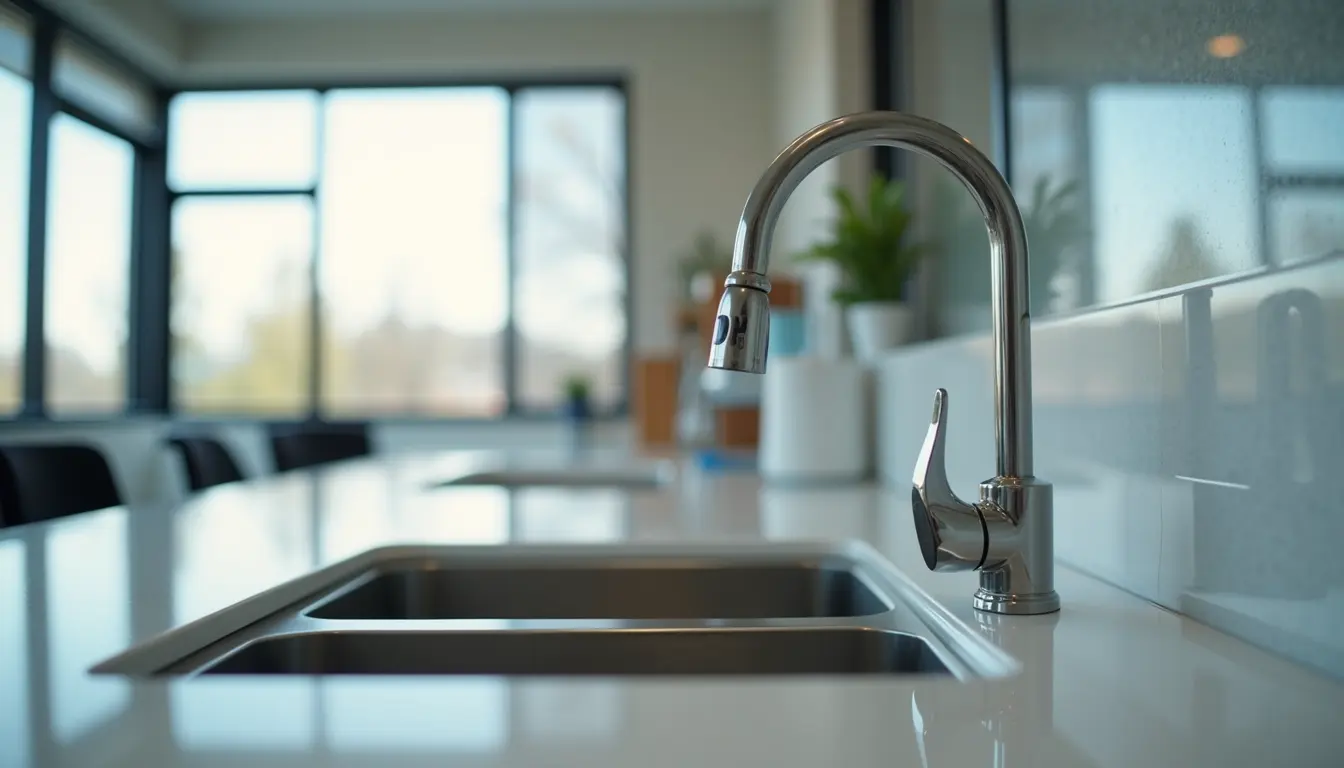 Close-up view of a clean office kitchen sink with a shiny faucet