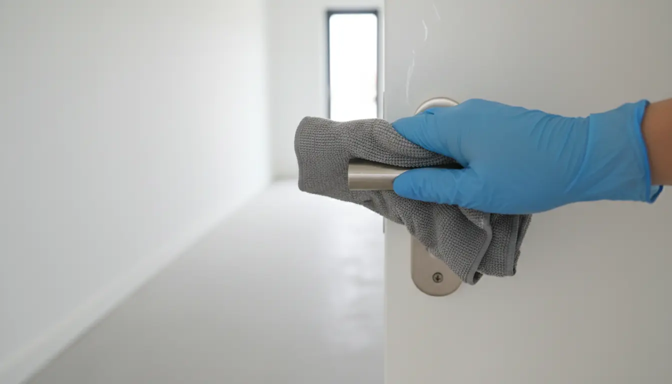 Close-up view of a gloved hand wiping a door handle