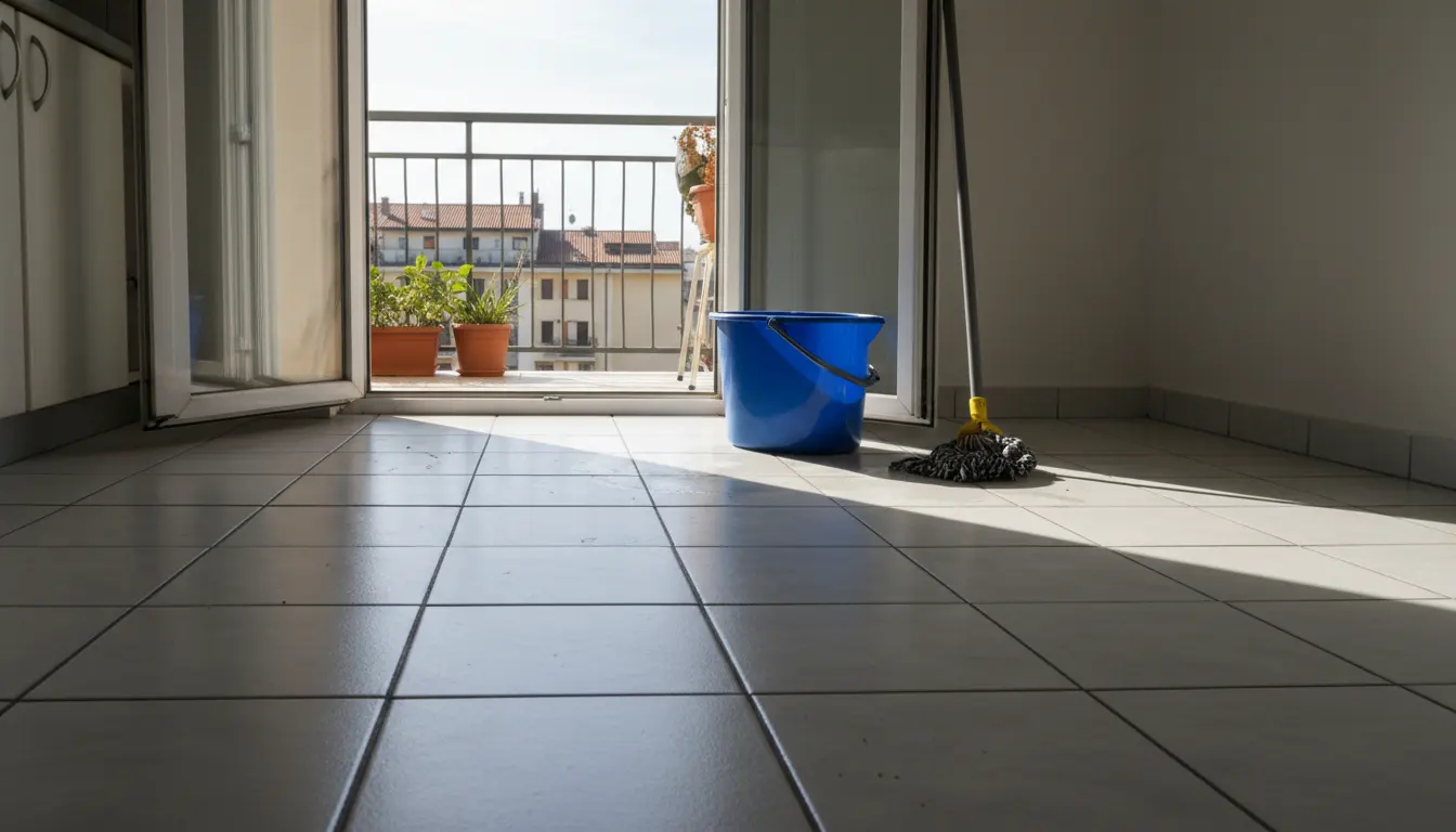 Eye-level view of a mop bucket beside a tiled apartment kitchen floor with darker grout lines