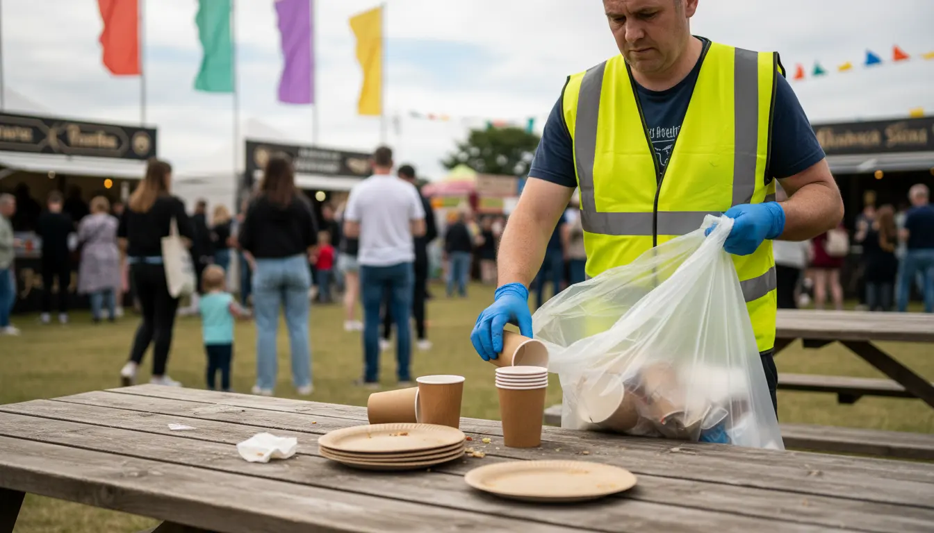 Eye-level view of a cleaning worker clearing a festival picnic table near food stalls.