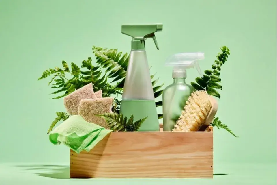 Green cleaning set in a wooden box, featuring spray bottles, sponges, and a brush amidst fern leaves on a green background. Eco-friendly vibe.
