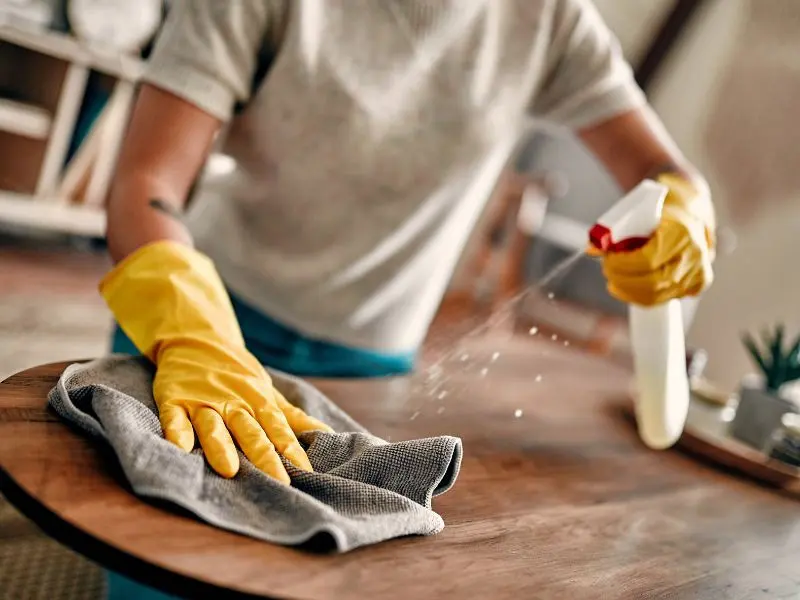 Professional house cleaner wiping a kitchen countertop