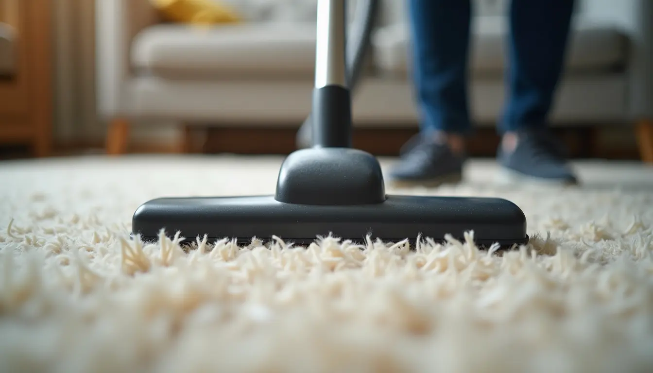 Close-up view of a vacuum cleaner cleaning carpet fibers
