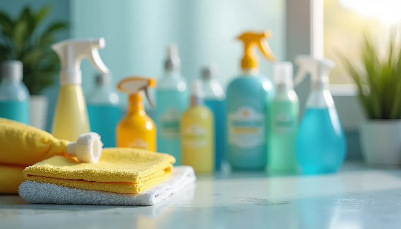 Close-up view of professional cleaning equipment and eco-friendly products