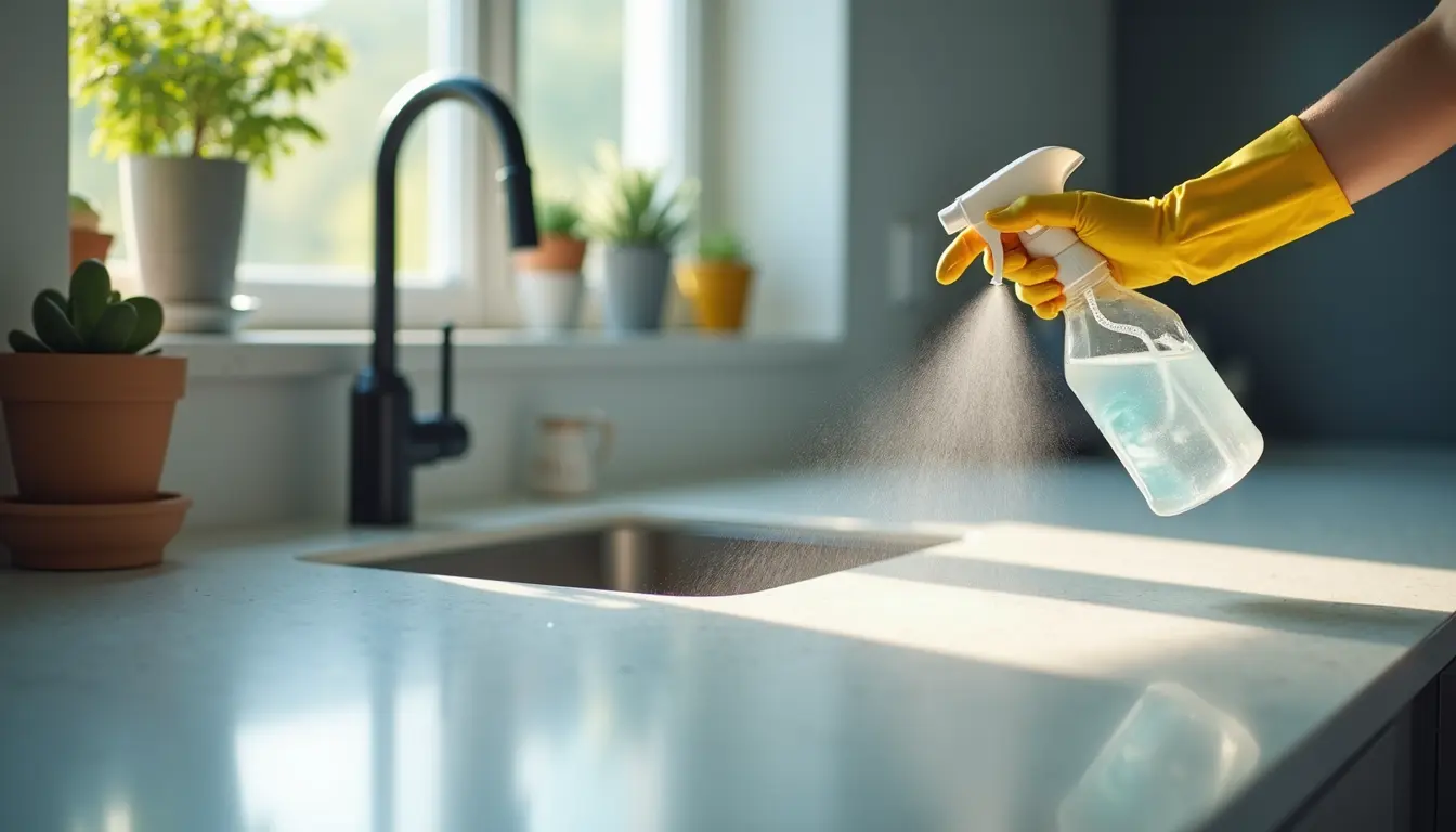 Close-up view of a professional cleaner disinfecting a kitchen countertop